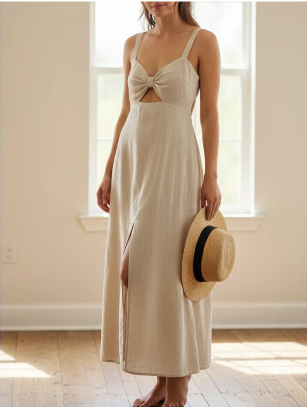 Forever 21 Beige Cutout Midi Dress with Front Knot